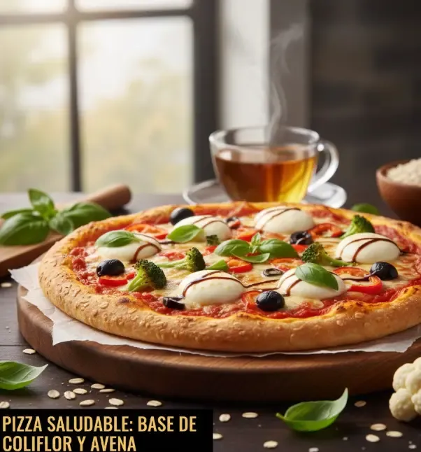 Una deliciosa pizza saludable recién horneada con base de coliflor, tomate natural y albahaca fresca