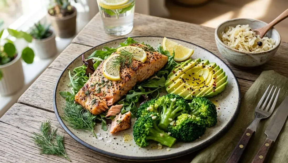 Plato nutritivo con salmón, aguacate, brócoli y un cuenco de chucrut, alimentos aliados para reducir la inflamación y nutrir la microbiota