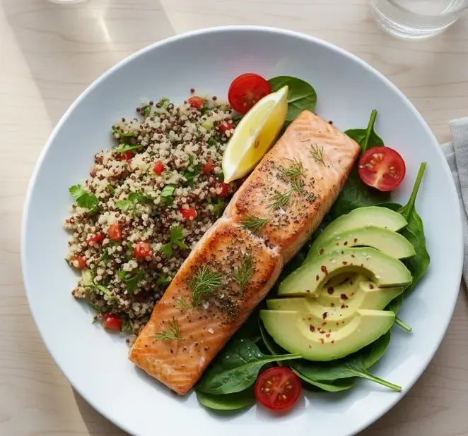Plato equilibrado con salmón, aguacate y quinoa, ideal para la recuperación tras un entrenamiento de calistenia