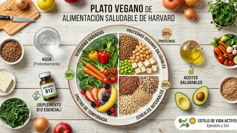 Plato vegano equilibrado con legumbres y verduras estilo Harvard