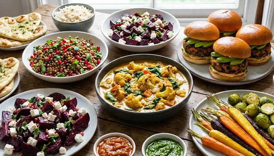 Mesa llena de platos vegetarianos coloridos y apetitosos, con curry, ensaladas y hamburguesas vegetales