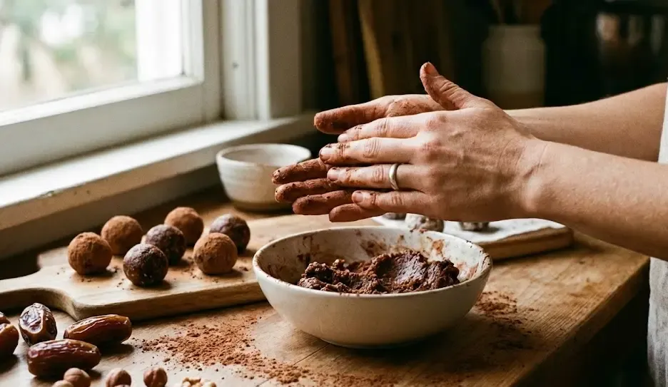 Primer plano de unas manos formando bolitas de masa de trufas energéticas con dátiles y cacao en una cocina