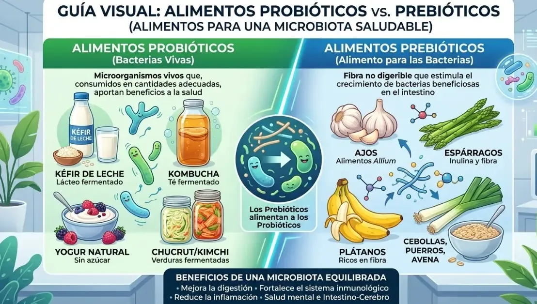 Infografía visual mostrando alimentos ricos en probióticos (kéfir, kombucha) frente a alimentos prebióticos (ajos, espárragos, plátanos)