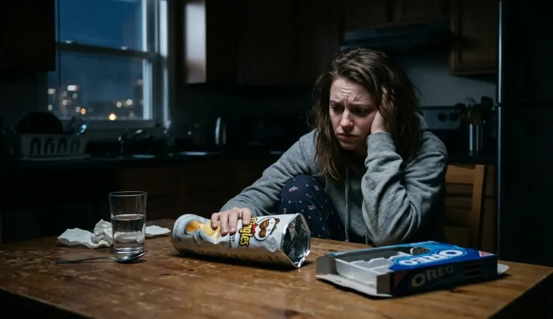 Persona sentada en la cocina a oscuras, mirando con frustración un paquete vacío de comida, ilustrando la culpa del hambre emocional