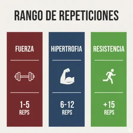 Gráfico comparativo de rangos de repeticiones: Fuerza (1-5), Hipertrofia (6-12), Resistencia (+15)