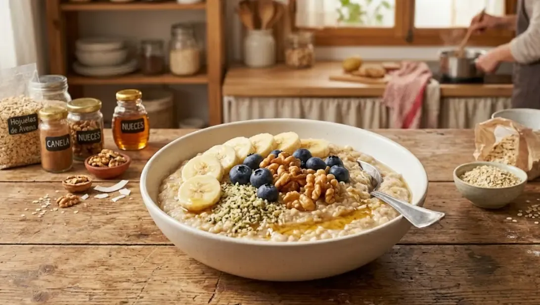 Cuenco de porridge de avena con frutas frescas y frutos secos sobre mesa de madera
