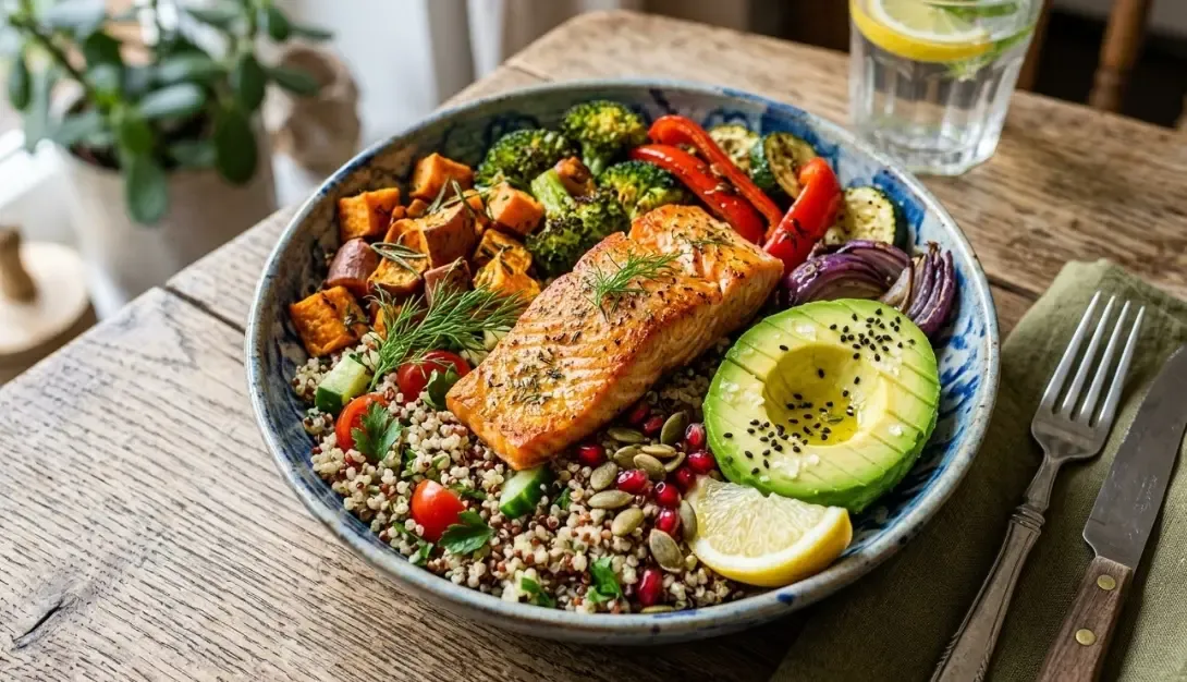 Un plato colorido y apetitoso con quinoa, aguacate, salmón y verduras asadas, demostrando que la comida sin gluten es vibrante y deliciosa