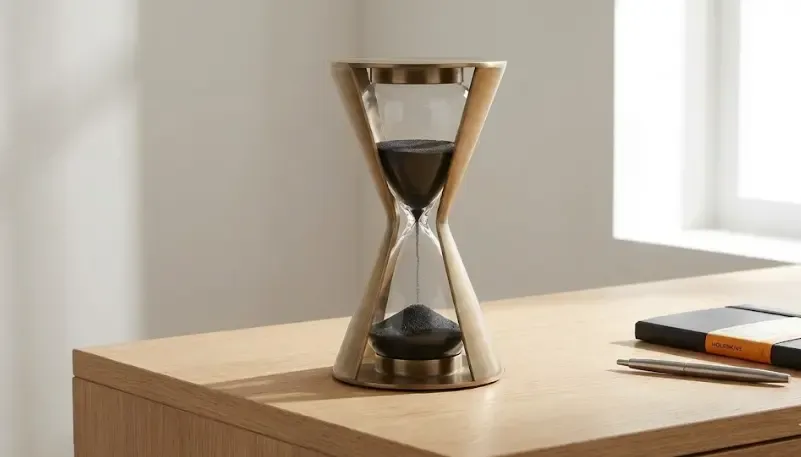 Reloj de arena moderno en un escritorio minimalista, representando el paso del tiempo enfocado