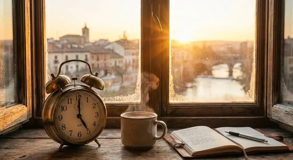 Un reloj despertador marcando las 5:00 AM junto a una taza de café humeante y un cuaderno de notas, con la luz del amanecer entrando por la ventana