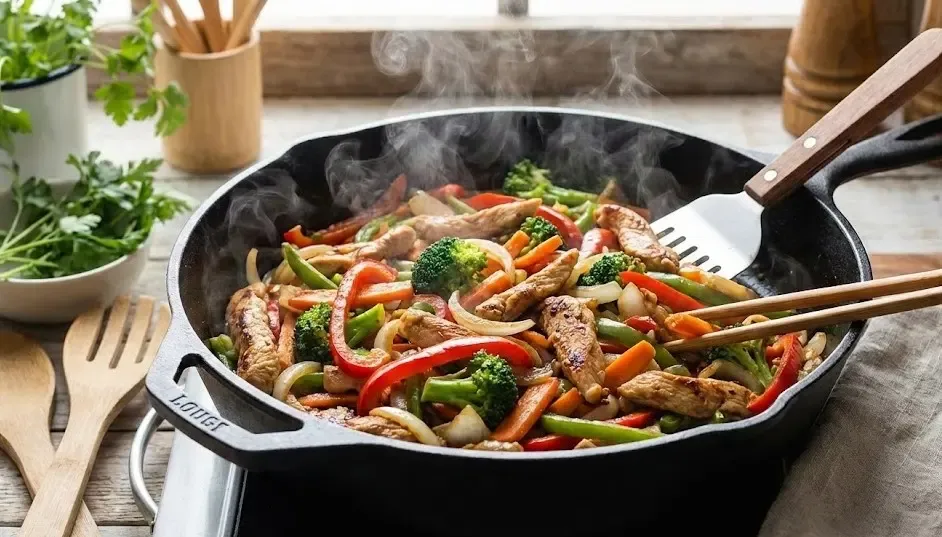 Sartén humeante con un salteado colorido de verduras y tiras de pollo listo para servir