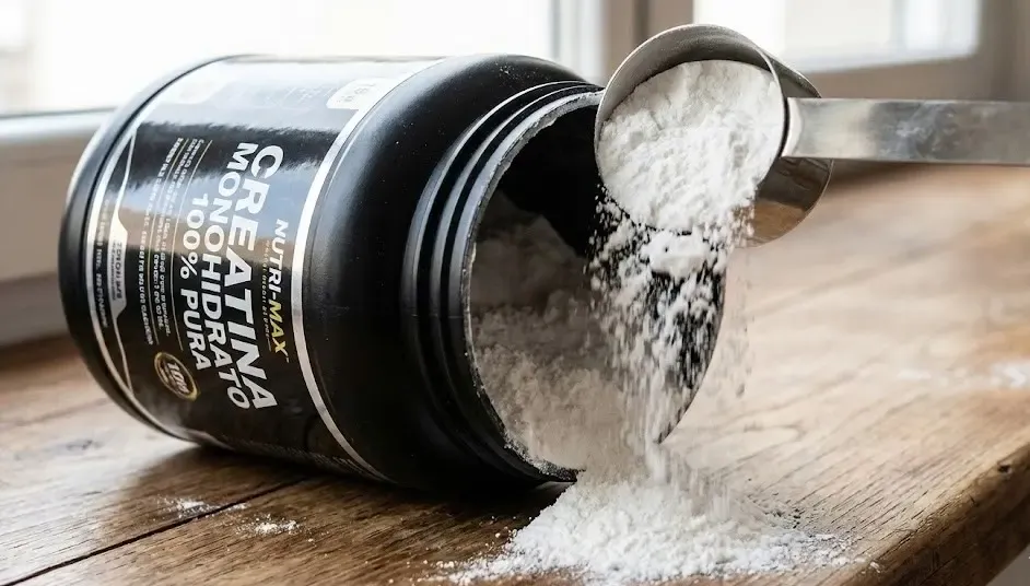 Cuchara medidora (scoop) con polvo blanco de creatina monohidrato saliendo de un bote negro