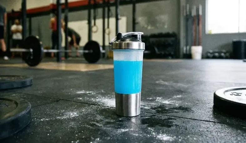 Botella mezcladora (shaker) con bebida de aminoácidos de color vibrante sobre el suelo de un gimnasio