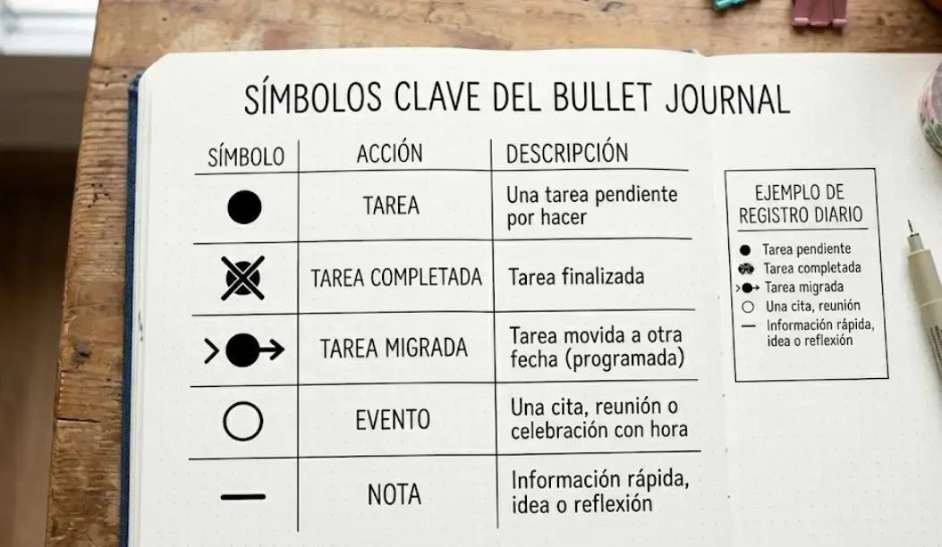 Esquema visual simple de los símbolos del Bullet Journal: Tarea, Tarea Completada, Tarea Migrada, Evento y Nota