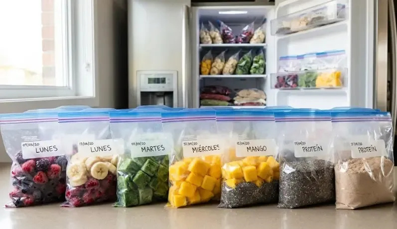 Bolsas de congelación llenas de ingredientes para smoothies preparadas para la semana