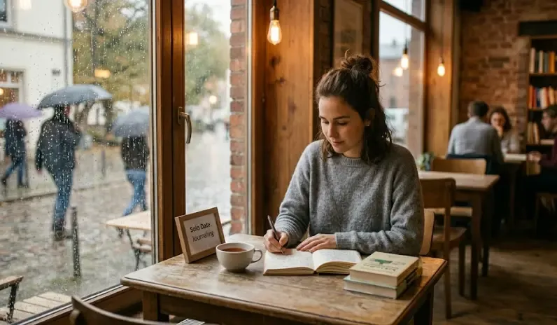 Persona sentada en una cafetería sola escribiendo en un diario