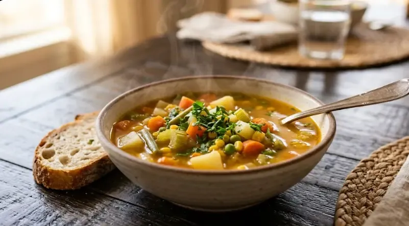 Sopa de verduras caliente en cuenco de barro