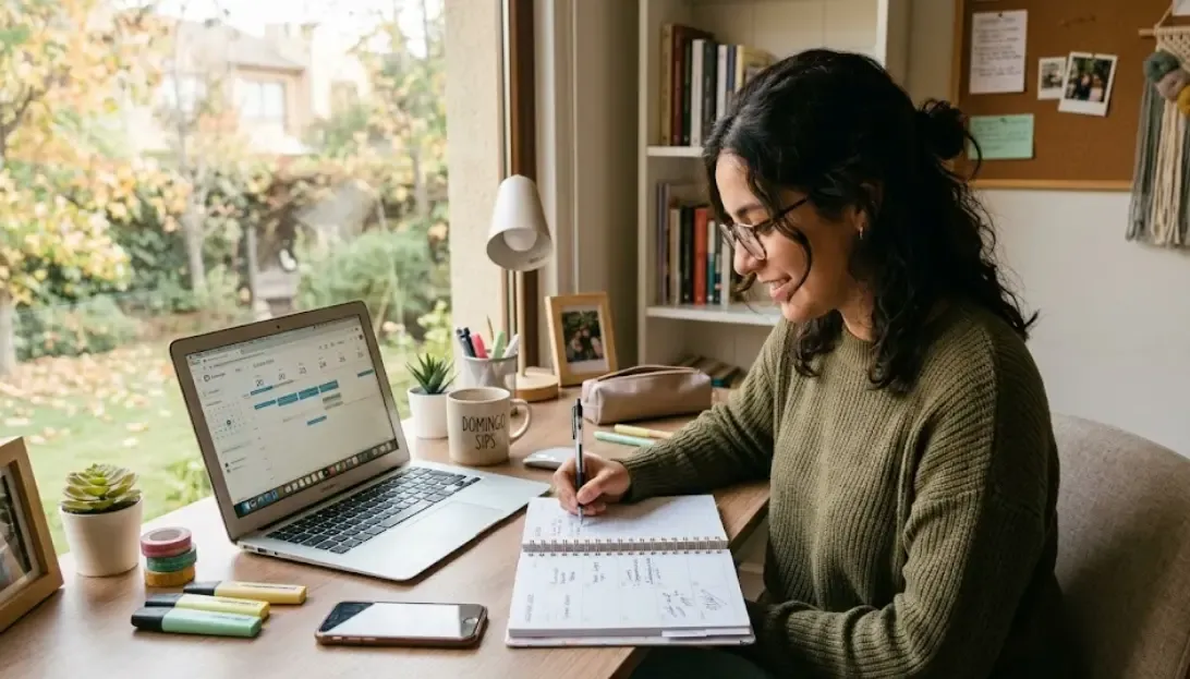 Persona organizando su agenda digital y física un domingo por la tarde