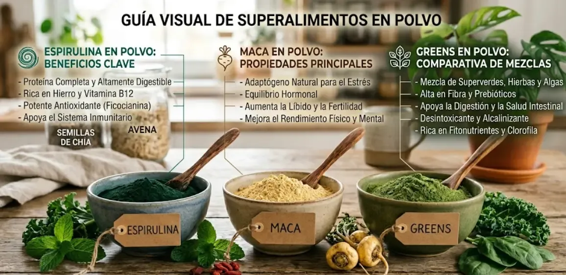Espirulina en polvo beneficios, maca en polvo propiedades y greens en polvo comparativa