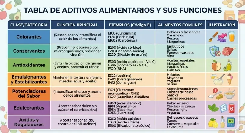 Tabla visual con los aditivos alimentarios más comunes y sus funciones