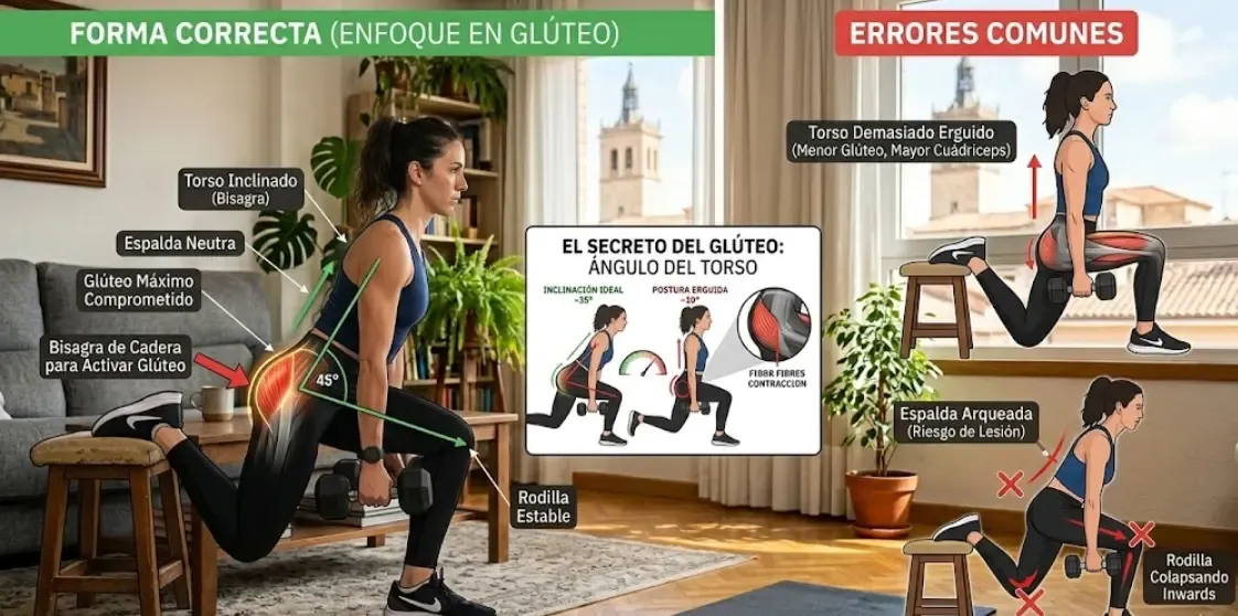 Infografía que muestra la posición correcta e incorrecta de la sentadilla búlgara, destacando la inclinación del torso para activar el glúteo