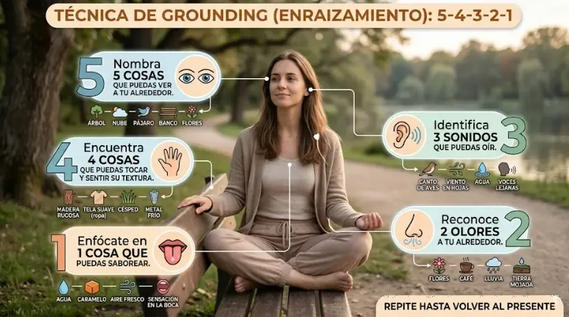 Tarjeta visual de la técnica 5-4-3-2-1 para calmar la ansiedad