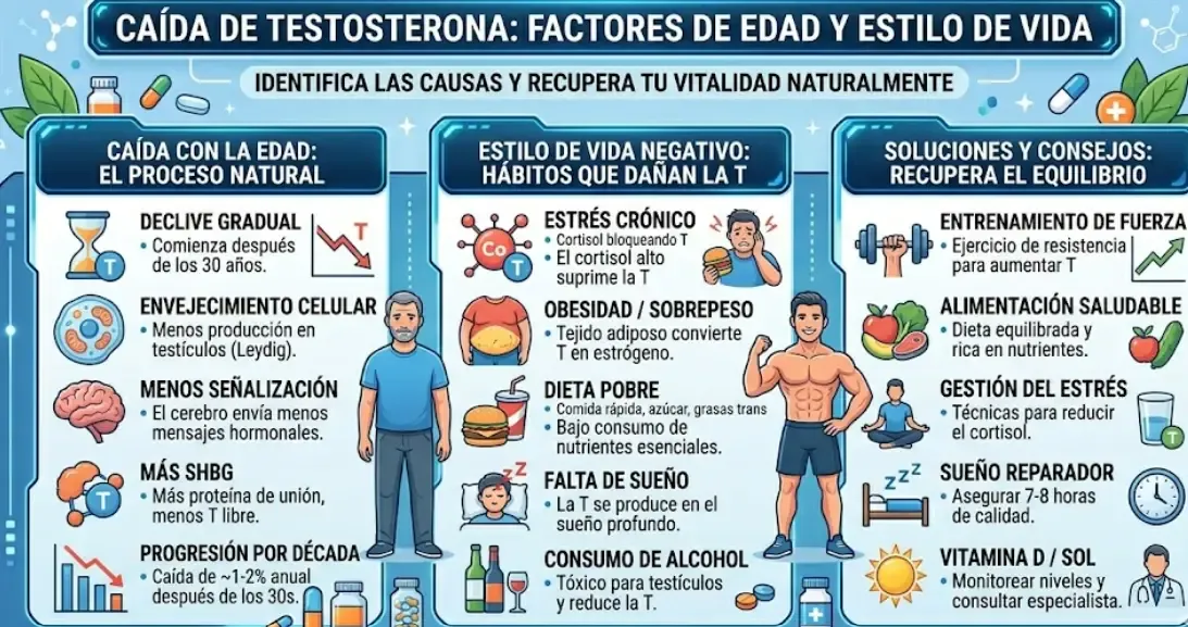 Caída de testosterona con la edad y hábitos de vida