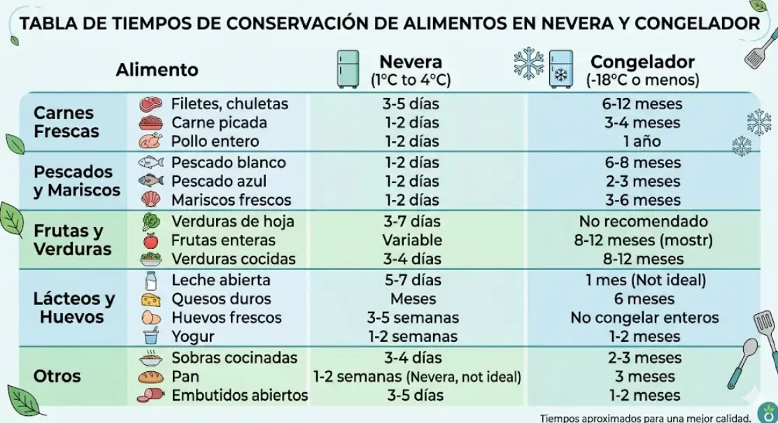 Tabla de tiempos de conservación de alimentos en nevera y congelador