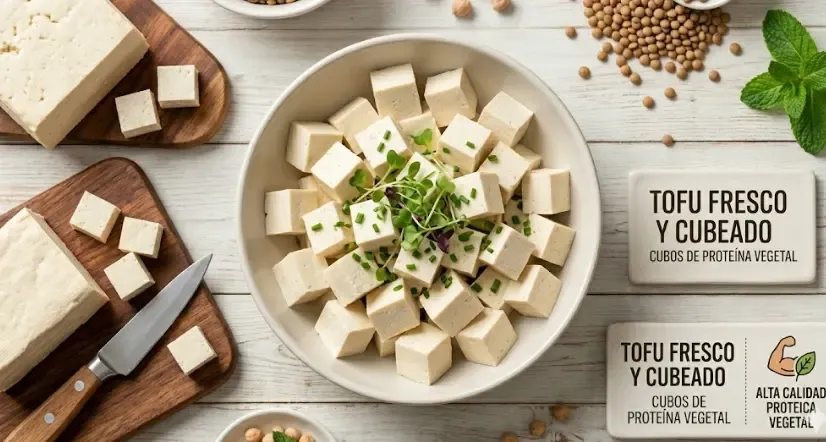 Bloque de tofu fresco cortado en dados para cocinar