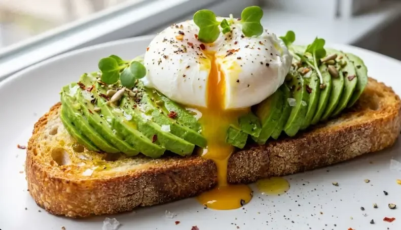 Primer plano de una tostada crujiente con aguacate laminado y un huevo poché con la yema cayendo, apetitoso y saludable