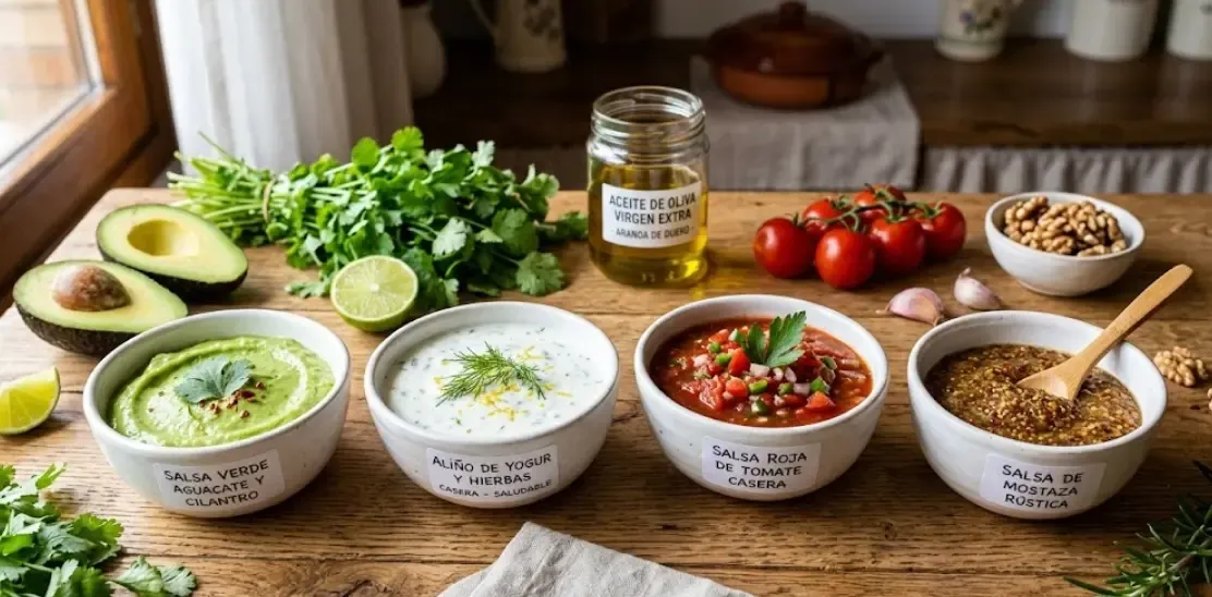 Diferentes boles pequeños de cerámica blanca conteniendo salsas saludables caseras de colores: verde aguacate, blanco yogur, rojo tomate y marrón mostaza