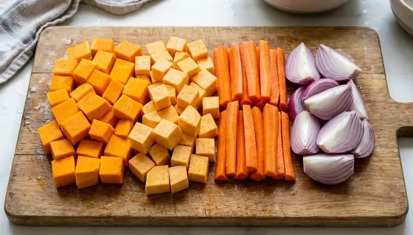 Imagen paso a paso: Verduras recién lavadas y cortadas en tamaños uniformes sobre una tabla de cortar. Se ven cubos de calabaza y boniato de 2-3 cm, bastones de zanahoria y gajos de cebolla. Alt text: "Verduras cortadas en tamaños uniformes listas para hornear: calabaza, boniato, zanahoria y cebolla en cubos y bastones de 2-3 centímetros".