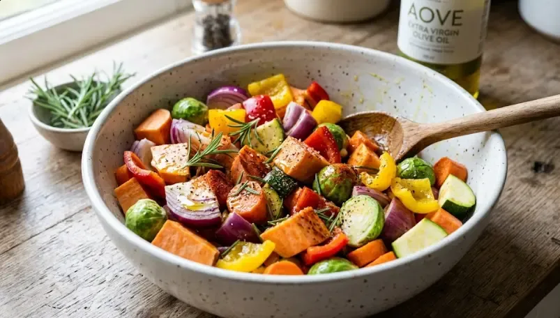 Imagen paso a paso: Verduras en un bol grande mezcladas con aceite de oliva, sal y especias (pimentón ahumado, romero). Se ve el aceite cubriendo las piezas. Alt text: "Verduras mezcladas con aceite de oliva virgen extra, sal, pimentón ahumado y romero antes de hornear".