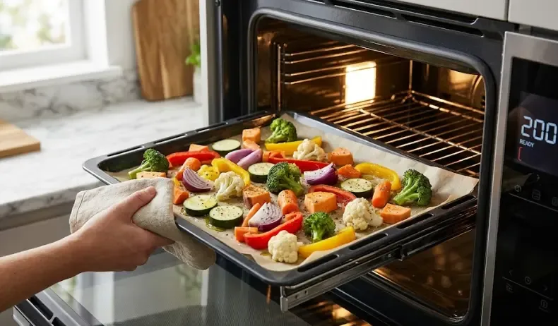 Imagen paso a paso: Bandeja de horno con verduras extendidas en una sola capa, con espacio visible entre cada pieza. El horno está precalentado a 200°C. Alt text: "Verduras extendidas en bandeja de horno con espacio entre cada pieza, listas para hornear a 200 grados centígrados".