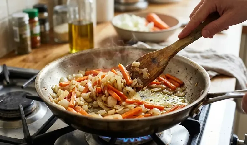 Imagen paso a paso: Sartén caliente con cebolla y zanahoria salteándose. La imagen captura el momento de mover las verduras con una espátula. Alt text: "Cebolla y zanahoria salteándose en sartén caliente como primer paso, antes de añadir las verduras más tiernas".
