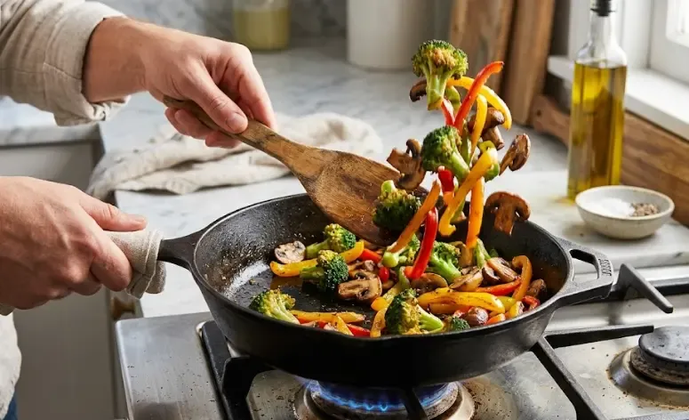 Imagen paso a paso: Sartén con verduras ya salteadas, brillantes y con ligero dorado en los bordes. Se ve el movimiento capturado en la imagen. Alt text: "Verduras salteadas terminadas: brócoli, champiñones y pimiento con punto de dorado en los bordes, listas para servir".