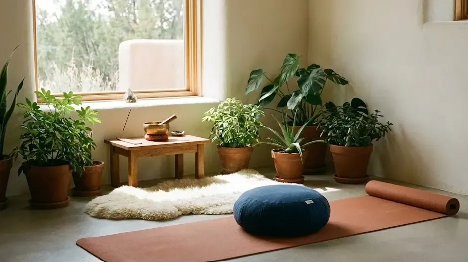Cojín de meditación zafu sobre una esterilla de yoga en un rincón tranquilo de casa
