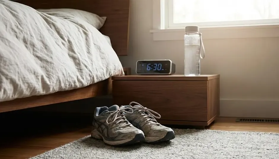 Primer plano de unas zapatillas de deporte y una botella de agua preparadas junto a la cama para la mañana siguiente